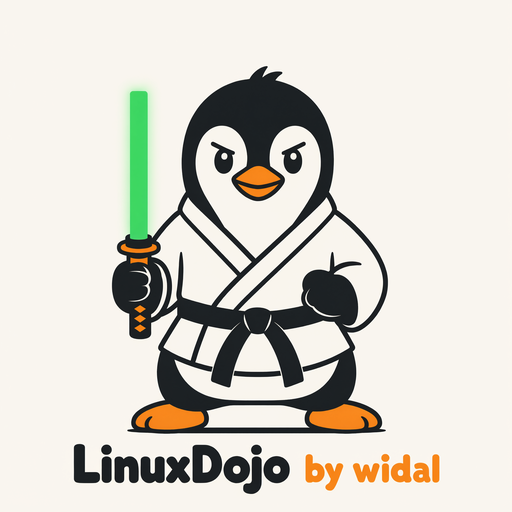 LinuxDojo - pingouin en kimono, ceinture noire, tenant un sabre vert